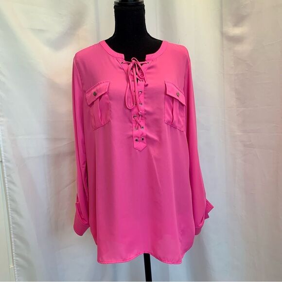 NYGARD neon pink roll tab long sleeve lace-up blouse Sz L - Picture 9 of 9